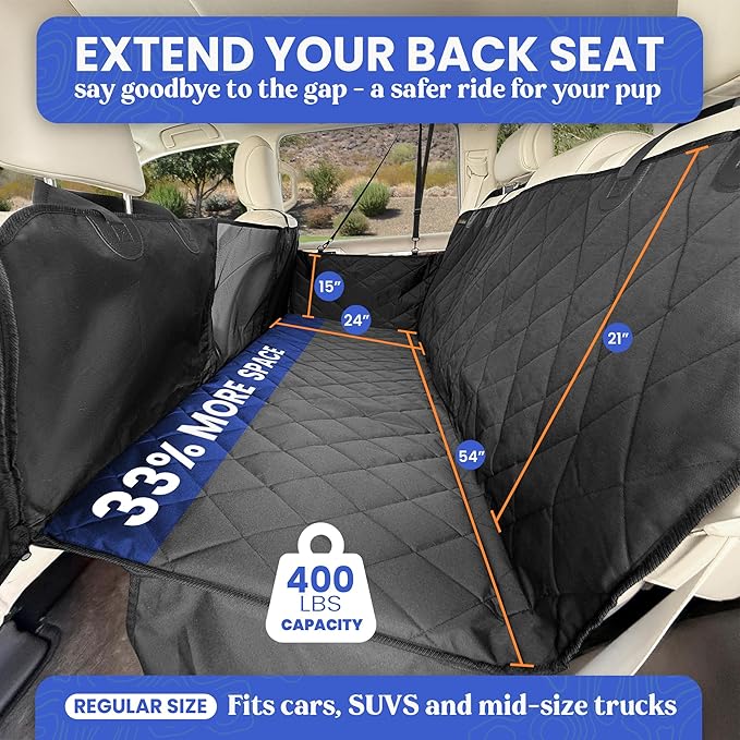 4Knines Hard Bottom Back Seat Extender for Dogs – Waterproof Dog Car Seat Cover – Heavy Duty Backseat Protector for Cars, SUVs, Trucks – Built-in EZ Open Door Protector (Patent Pending) Black, Regular