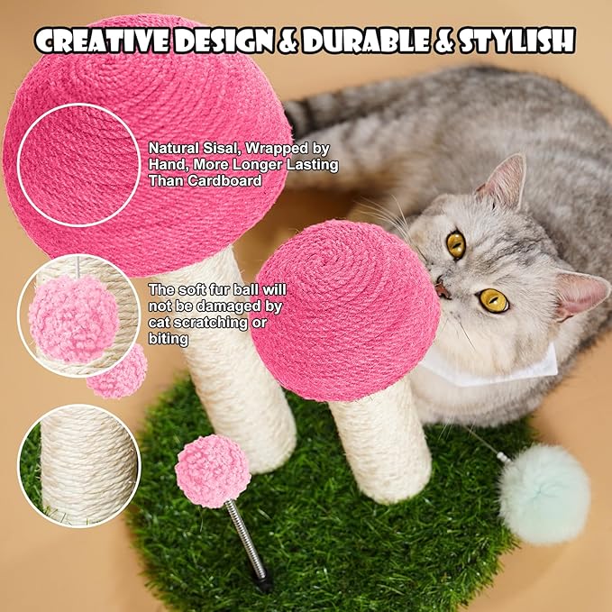 Odoland Cat Scratching Post Mushroom Natural Sisal Board Scratcher for Kitten Health and Good Behavior, Furniture Scratch Deterrent Accessories for Cats and Kitten Pink