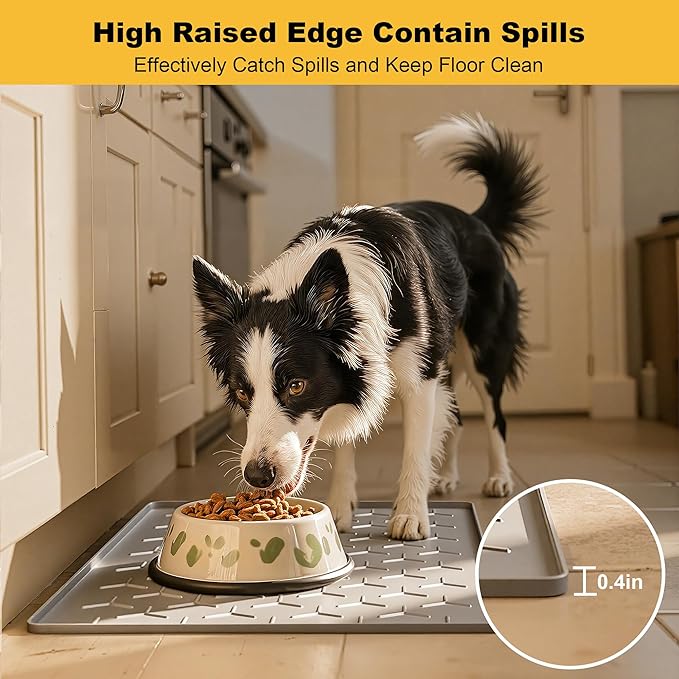 Pieviev Dog Cat Food Bowl Mat, Silicone Waterproof Food Grade Pet Food Mat for Floor, High Raised Edge to Prevent Spills, Non-Slip & Easy Clean Pet Placemat for Dog & Cat Bowls, 34''x22'', Light Gray