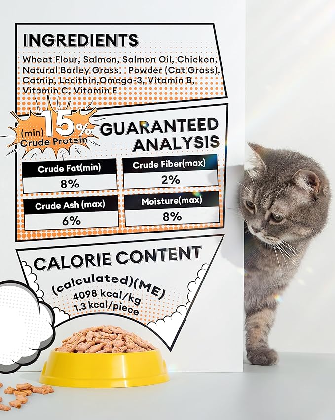 3.53oz Crunchy Cat Grass Treats for Hairball Control – Natural Salmon & Cat Grass & Catnip Biscuits, Low-Calorie Healthy Snacks for Indoor Cats, Digestive & Dental Care