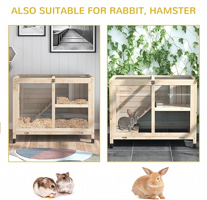 PawHut Rabbit Hutch with Wheels, Desk and Side Table Sized, Wooden Rabbit Cage, Waterproof Small Bunny Cage with Removable Tray, Openable Roof, for Indoor & Outdoor, Natural