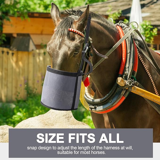 2 Pcs Horse Feed Bags for Grain Mesh Grain Feeder Bucket with Adjustable Strap and Waterproof Bottom for Feeding Fodder Powder Supplements(Black and Gray)