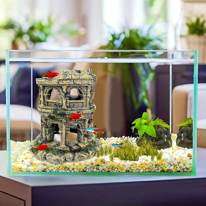 Hamiledyi Aquarium Antique Roman Column Ruins European Castle Stone Cave Decorations Fish Tank Artificial Resin Ornaments Large Landscaping for Betta Hide Play