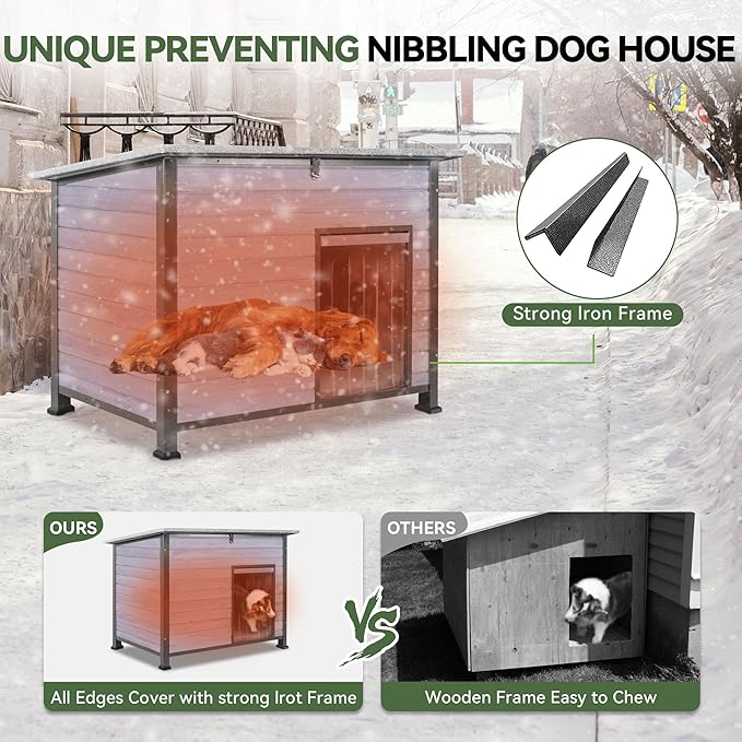 Dog House Outdoor Insulated with Prevent Chewing Iron Frame, Insulated cat House Outdoor Removable Floor and Open Roof for Dogs,Cat,Rabbits and Small Animals