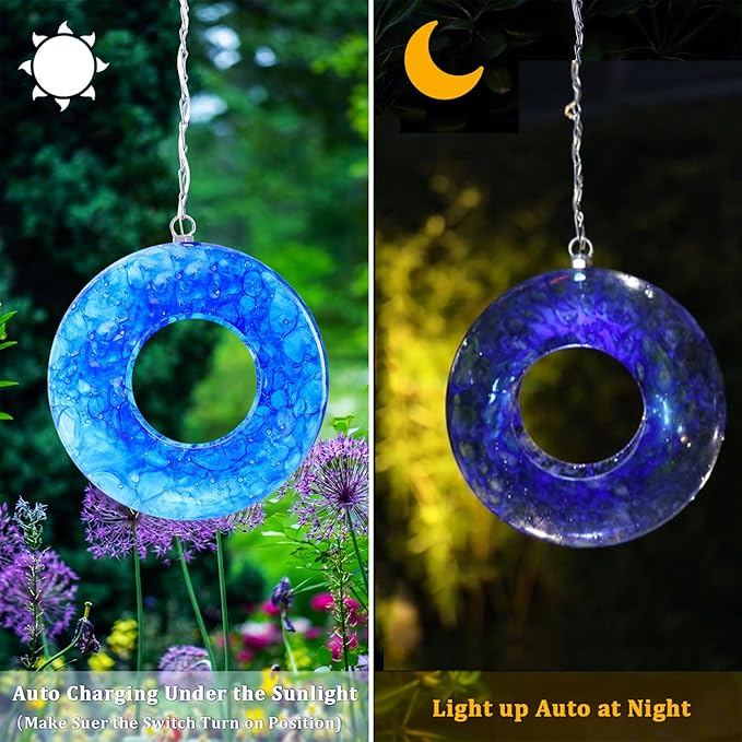 Yinns Mosaic Bird Feeders for Outside Hanging Fly Through Bird Feeder with Round Shape Solar Birdfeeder for Yard Garden Decor Bird Lvoers Gifts, 8-Inch Bule