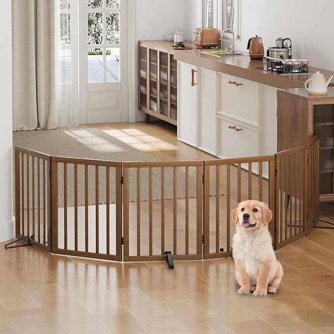 Dog Gate, Freestanding Dog Gates for Doorways, Foldable Dog Gate Indoor, Pet Gates for Doorways Bedroom, Puppy Gate with Metal Support Feet, Room Divider 6 Panels (Walnut)