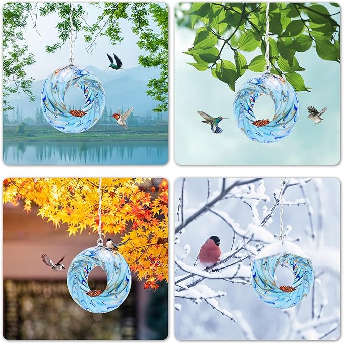VCUTEKA Bird Feeder Solar Fly Through Bird Feeders for Outside Hanging with Round Shape Glass Container to Attract Wild Birds for Garden Decor, Solar Birdfeeder as Gift for Lovers, Light Blue 8-Inch