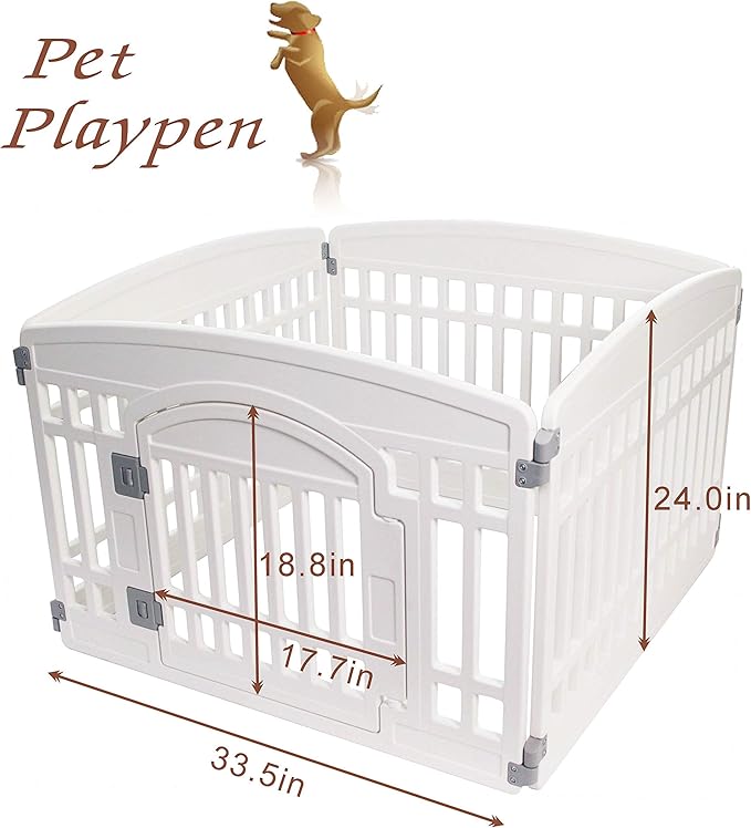 Pet Playpen Gate for Dogs Heavy Plastic Puppy Exercise Pen Small Pets Fence Puppies Folding Cage 4 Panels for Puppies and Small Dogs House White (33.5x33.5 Inches)