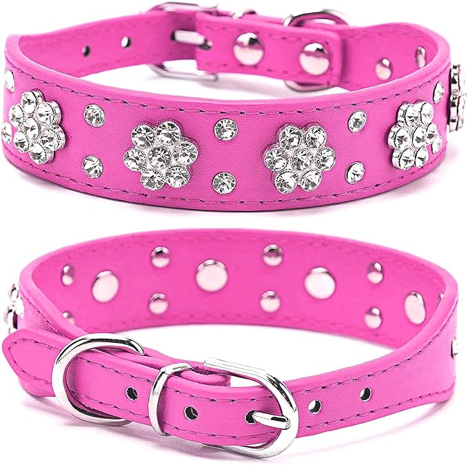 Rhinestone Dog & Cat Collar - Bling Collar in PU Leather, Adjustable Sizes (S, M, L) - Hot Pink