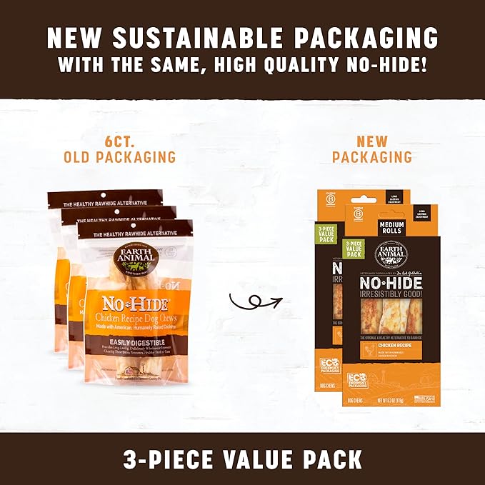 Earth Animal No Hide Medium Chicken Flavored Natural Rawhide Free Dog Chews Long Lasting Chew Sticks | Treats for Large Dogs | Great for Aggressive Chewers - 6 Count