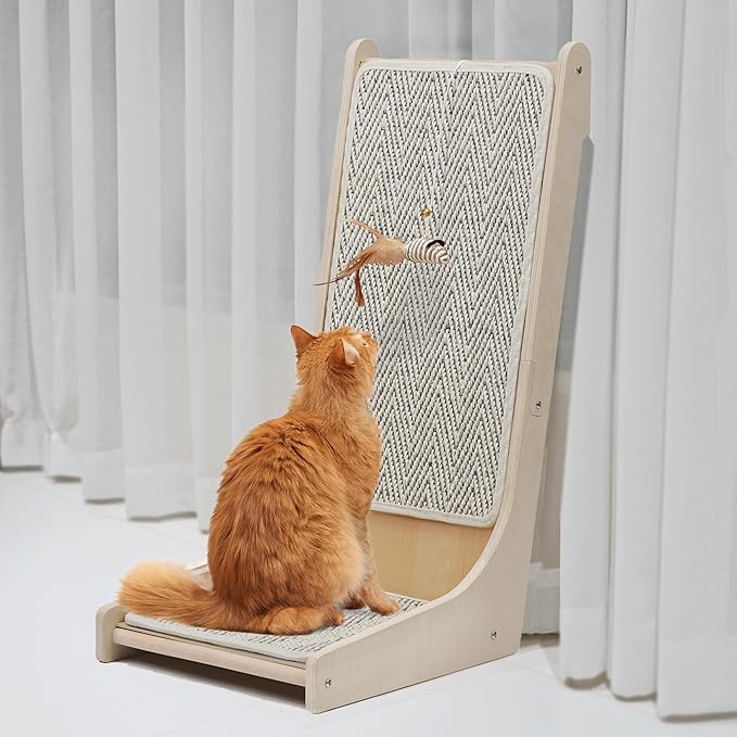 PETKARAY 105° Cat Scratcher, Sisal Kitty Scratch Pad, L Shape Scratching Board for Indoor Cats, Floor Mounted Scratcher with Mouse Toy Catnip, Chevron Style