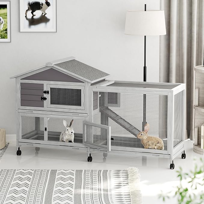 Rabbit Hutch with Ramp & Waterproof Roof, Bunny Cage for Indoor/Outdoor, 2-Story Design, Rabbit Cage with 6 Lockable Caster Wheels & Three Pull-Out Trays (Grey)