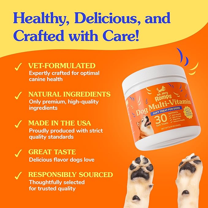 Dr Jay's Romps Multivitamins Dog Chews - Collagen to Help with Joint Health, Digestion, Skin & Coat - Vitamins and Supplements to Boost Immune System - Perfect Treats for Pets - 30 CT