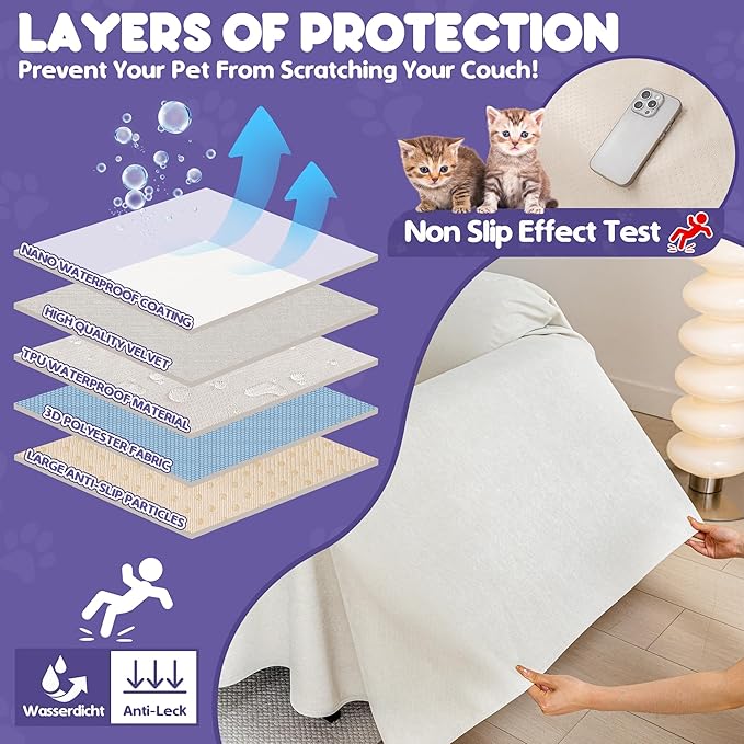 Cat Scratch Furniture Protector - Anti-Slip, Waterproof Sofa Cover to Keep Cats Off, Pet-Friendly Couch Protectors for 3 Cushion Couch, Beige Anti-Scratch Couch Cover for Pets and Kids 150"X71"