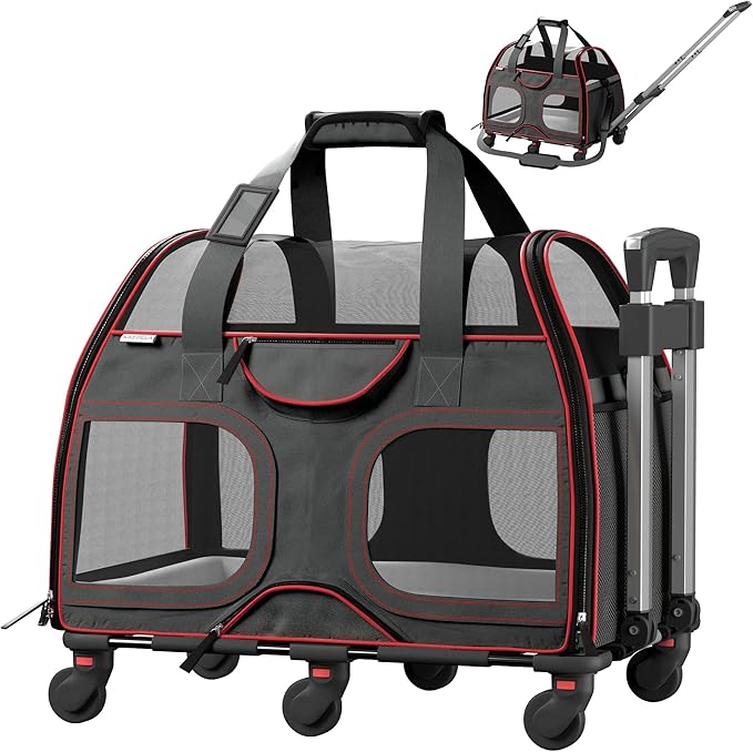 Katziela Luxury Rider Pet Carrier – Airline Compliant & TSA Approved Soft-Sided Travel Bag with Removable Base & 6 Wheels for Small Dogs & Cats – Black/Red