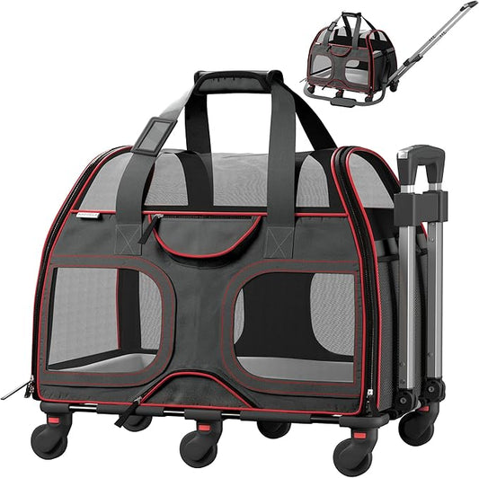Katziela Luxury Rider Pet Carrier – Airline Compliant & TSA Approved Soft-Sided Travel Bag with Removable Base & 6 Wheels for Small Dogs & Cats – Black/Red