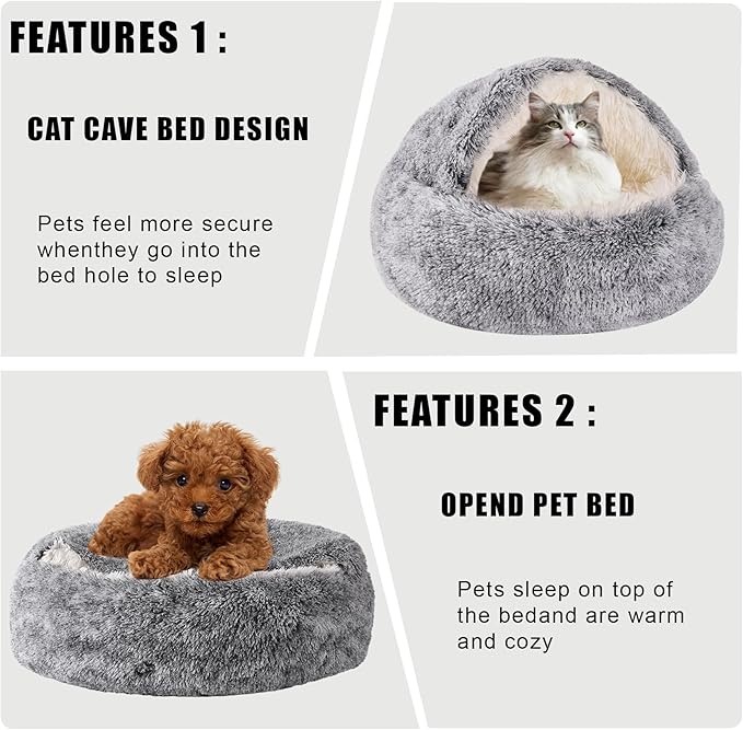 HYQ Small Dog Bed, Cat Beds for Indoor Cats Washable, Cozy Cat Cave Bed, Non-Slip Cat Beds, Calming Dog Bed with Hooded Cover, Dog Bed with Cover for Small Medium Pets (Grey, 24×24 Inch)