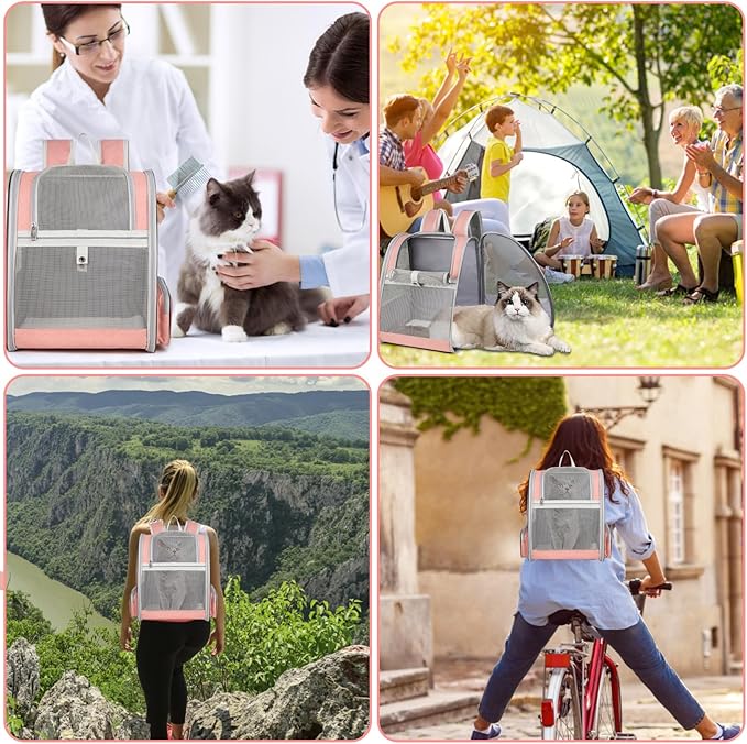 Cat Backpack Carrier, Large Pet Backpack with Kitten Wand Feather Toy for Medium Small Dog Cat Puppy Kitty Bunny up to 15lbs, Ventilated Mesh Dog Travel Carrier for Hiking Walking Outdoor Use (Pink)