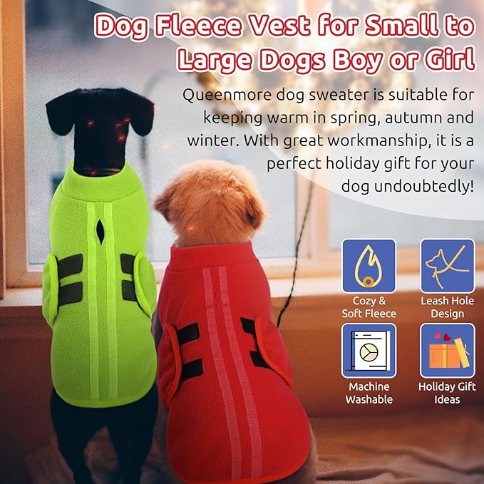 Queenmore Small Dog Sweaters, Soft Fleece Vest Pullover Dog Jacket with Leash Hole, Warm Winter Dog Clothes Cold Weather Doggy Dachshund Sweater for Small Dogs Cats Boy or Girl (Green, S)