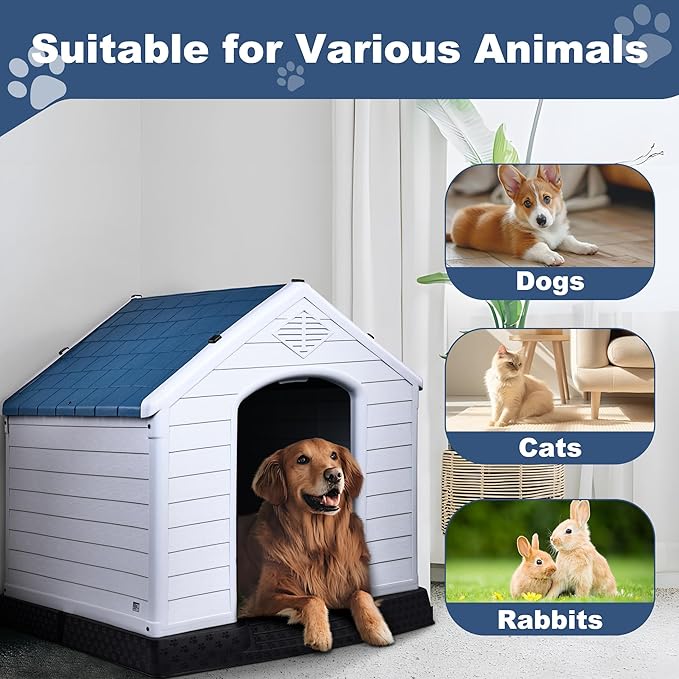 Plastic Dog House, Insulated Doghouse Puppy Shelter, Water Resistant Easy Assembly Sturdy Dog Kennel with Elevated Floor and Air Vents, Ventilate for Small to Large Sized Dogs (29-Inch, Blue)