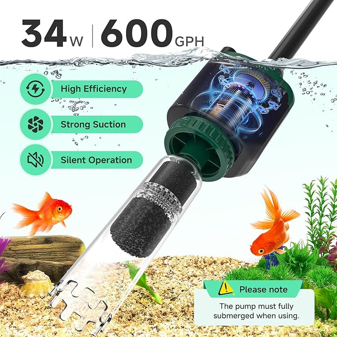 AQQA Fish Tank Cleaner, 34W 600GPH DC Gravel Vacuum for Aquarium, 6 in 1 Aquarium Vacuum Gravel Cleaner Adjustable Water Flow Cleaning Tools for Change Water Wash Sand Water Filter Water Circulation