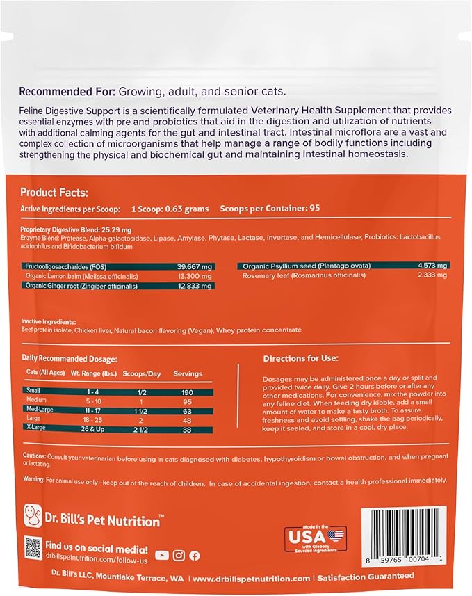 Dr. Bill's Feline Digestive Support Cat Prebiotics and Probiotics with Ginger Root, Psyllium Husk, Lemon Balm & More | 41 Active Ingredients for Better Digestion & Gut Health | Made in The USA