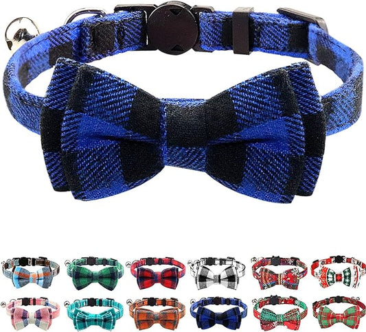 Joytale Upgraded Cat Collar with Bells, Breakaway Cat Collars with Bow Tie, 1 Pack Girl Boy Safety Plaid Kitten Collars, Blue