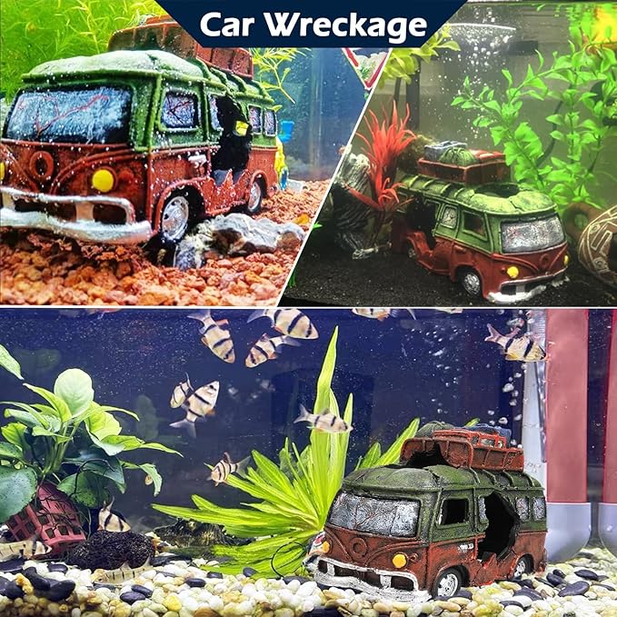 Car Wreckage Aquarium Ornament Car Wreckage for Fish Tank Underwater Landscape Decoration Hiding Cave Hideouts House Plants Supplies Accessories – Small(Green)