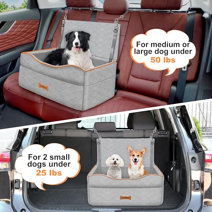 Medium Dog Car Seat, Dog Booster Seat Under 50Lbs or 2 Small Dogs Washable, Pet Car Seats with 2 Safety Leash, Dogs Sofa Bed Cushion Add Thick Sponge, Pet Cars Carrier for Travel, Gray