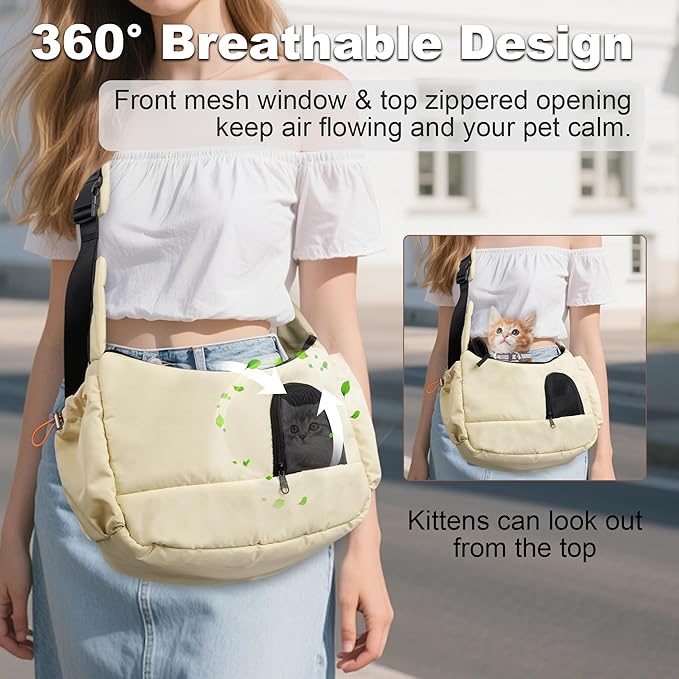 Cat Sling, Dog Carrier Sling for Kitten and Puppy up to 8.8 lbs, Breathable Cats Carrier Pouch Pet Purse with Soft Mat, Hands-Free Pet Carrier with Safety Harness and Pockets for Travel, Yellow