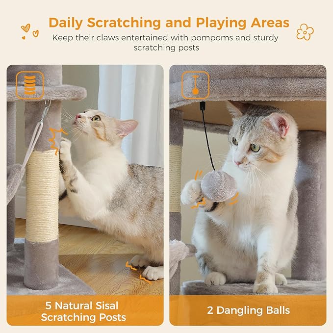 PAWZ Road Tall Cat Tower, 70 Inch Cat Tree with Hammock, 5 Scratching Posts, 2 Condos and a Large Top Perches for Large Cats