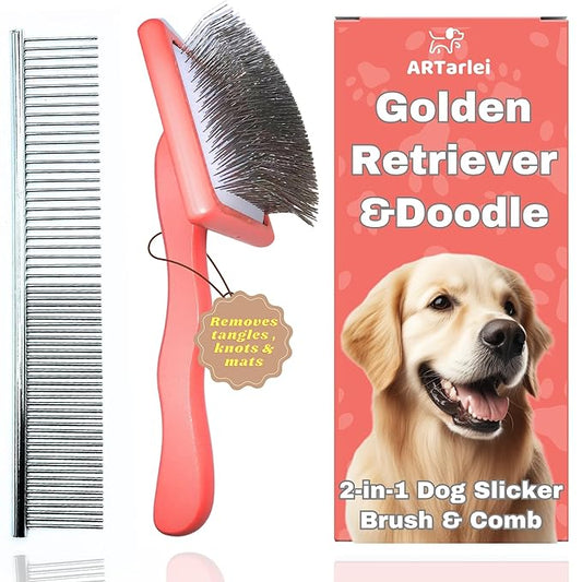 2-in-1 Dog Slicker Brush & Comb for Golden Retriever & Doodle - Easy Detangling & Deshedding, Tailored for Matted Coats of Long Curly Haired Doodle Mixes - Effortless Tangle-Free Grooming
