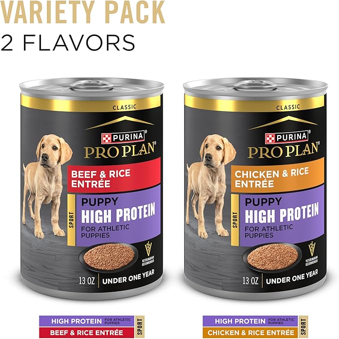 Purina Pro Plan Sport High Protein Wet Puppy Food Beef and Rice Entree and Chicken and Rice Entree Variety Pack - (Pack of 12) 13 oz. Cans