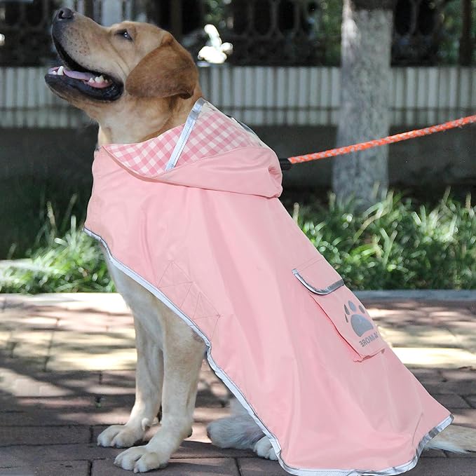 MAMORE Dog Raincoat Reversible,Waterproof Dog Rain Coat Hooded Slicker Poncho with Reflective Strip, Plaid Double Layer Rain Jacket for Small Medium Large Dogs (Pink, X-Large)