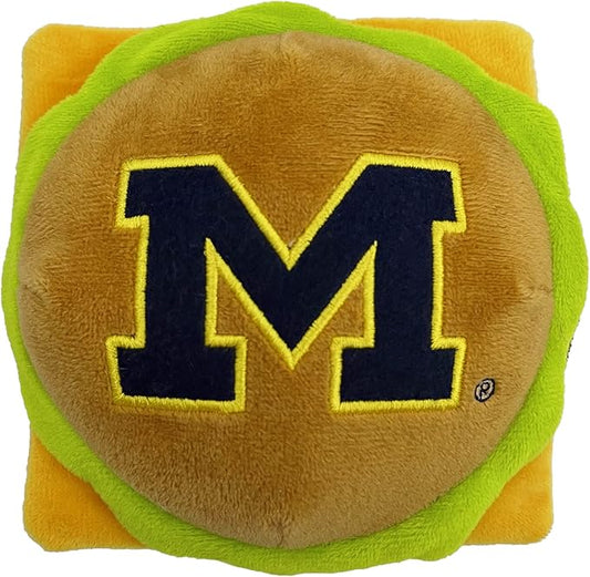 NCAA Michigan Wolverines Cheeseburger Plush Dog & CAT Squeak Toy- Cutest Stadium Hamburger Snack Plush Toy for Dogs & Cats with Inner Squeaker & Beautiful Football/Basketball Team Name/Logo