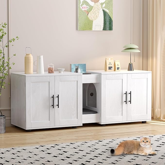 Gaomon Litter Box Enclosure with Double Cage, Cat House,Hidden Litter Box Enclosure Furniture for 2 Cats, Wooden Enclosed Cat Litter Box Furniture,55โL x 17.7โW x 22.5โH,White