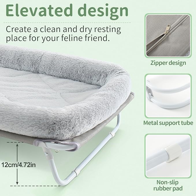 Sunhoo Elevated Cat Bed Foldable Raised Pet Hammock Self-Supporting Puppy Lounger with Off Floor Metal Frame Washable Cover for Small Dog Kitten Indoor Use 25.2x15.75x7.48 in(Grey)