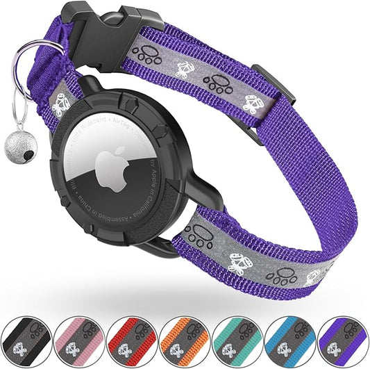 Reflective AirTag Cat Collar, Integrated Cat Tracker Collar with Air Tag Holder and Bell, Safety Elastic Band Cat GPS Collars for Girl Boy Cats, Kittens and Puppies (Purple, S)