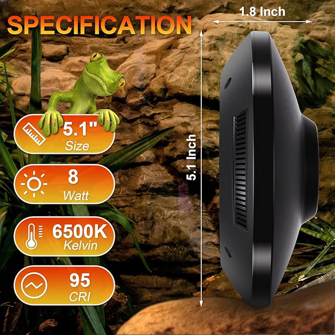 LED UVB Light for Reptiles, 8W UVA UVB Lamp – Timer Switch, Adjustable Brightness, Ferguson Zones 1-4, Energy-Efficient, UVI Lamp for Bearded Dragons, Chameleon, Lizard, Snake, Gecko – Silver