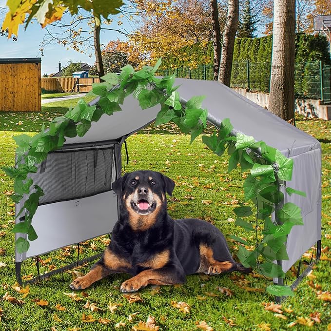 4'x 4'x 3.3' Extra Large Dog House Outside, Pet Tent Outdoor Dog Shade Shelter for Large Medium Dogs, Outside Sun Rain Canopy Pet House for Cats Pigs Livestock w/Artificial Leaves