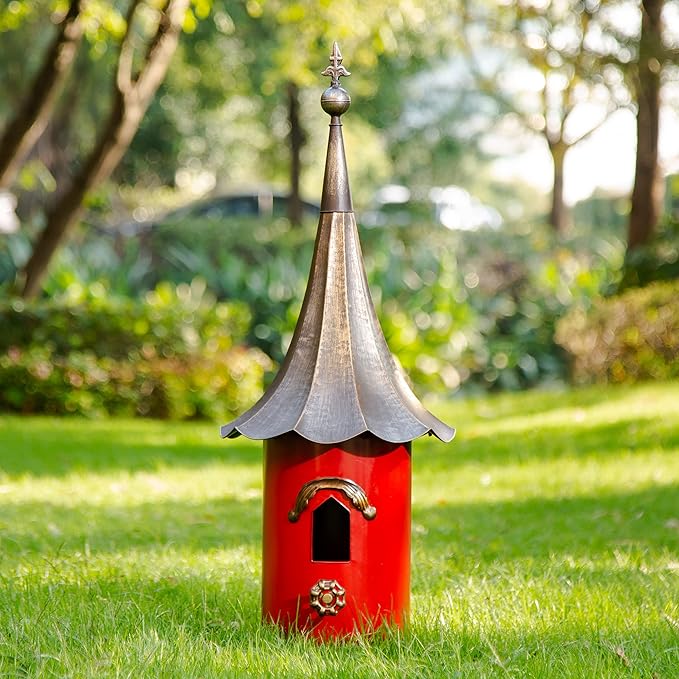 Glitzhome 32”H Metal Hanging Birdhouse for Outdoors Oversized Farmhouse Pagoda Painted Bird House with Bronze Roof for Bluebird Wren Chickadee Sparrow Bird Nest Box for Garden Patio, Retro Red