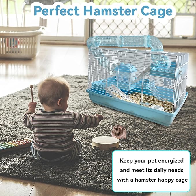 Tfwadmx Dwarf Hamster Cage Small Hamster Habitat Mouse Home Small Animal Cage with Tube Exercise Wheel Hut Rat Habitat for Gerbils Mice 18.5“x11.8”x11.8“ Blue
