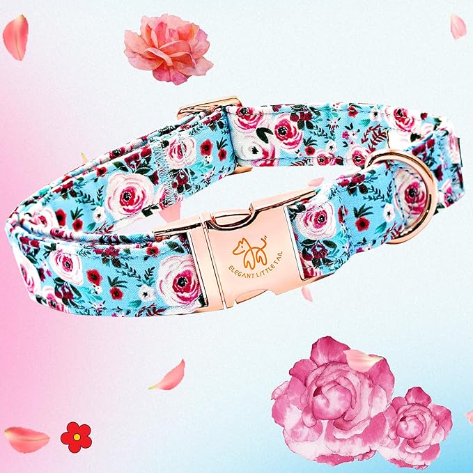Elegant Little Tail Pink Floral Print Summer Dog Collar - Cotton, Durable, Metal Buckle - Large Dogs, Blue Flower