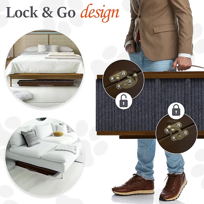 Adjustable Dog Ramp for Bed - Foldable Wooden Ramp for Dogs to Get on Bed, Couch, or Car - Ideal for Small, Medium, and Large Breeds (Walnut Wood with Grey Carpet) (Walnut Wood, Medium)