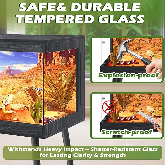 Royxen Tempered Glass Bearded Dragon Tank,65 Gallons Reptile Tank with Leg Stand,Built-in Lighting Reptile Enclosure Scartch-Proof Bearded Dragon Encloure for Chameleon,Snake(Black,40"x 20"x 20")