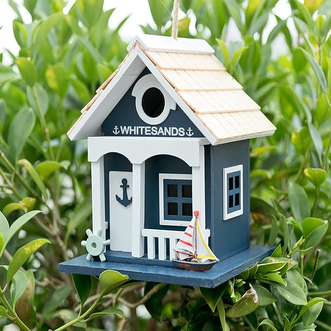 MEWANG Hanging Colourful Birdhouse Outdoor Beach Bird House Condo Wooden Green Height 9.1"