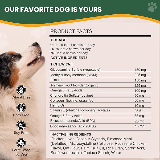 Vet Naturals Hemp & HIPS - Dog Joint Supplement Large Breed - Senior Dog Supplements - Glucosamine and Chondroitin Supplement for Large Dog - MSM & USA Grown Hemp Oil (60ct-Rotisserie Chicken)