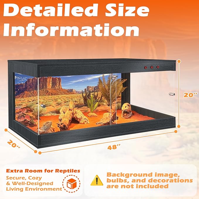 Royxen Tempered Glass Reptile Tank 80 Gallon,Reptile Enclosure with Metal Mesh Top and Lockable Design, Bearded Dragon Tank for Lizard Habitat,48"x20"x20", Black