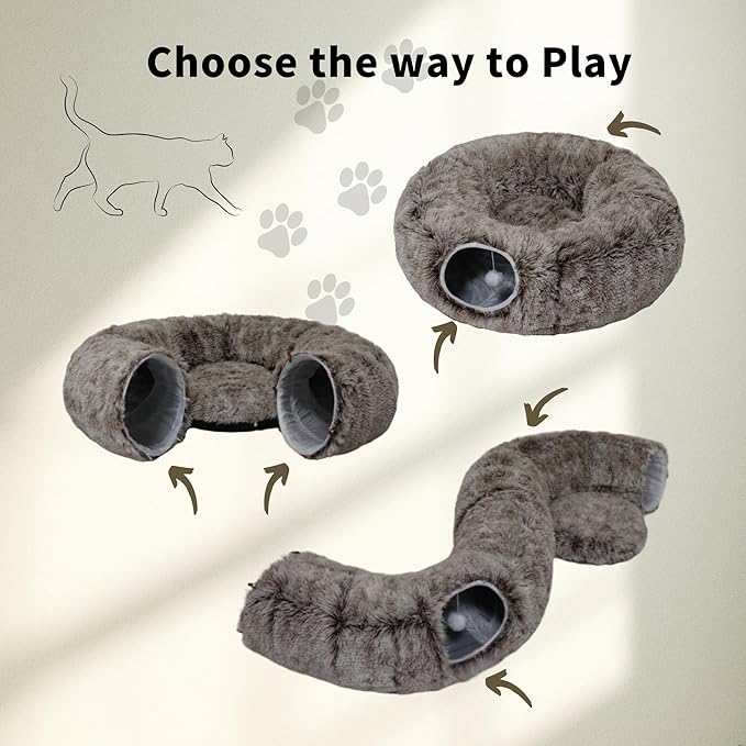 Cat Tunnel Bed for Indoor Cats with Washable Cushion Cat Cave Donut Tunnel with Fluffy Ball Big Round Tube Pet Playground Toys Soft Plush Peekaboo for Kitten, Cat, Puppy, Rabbit, Ferret(Brown)