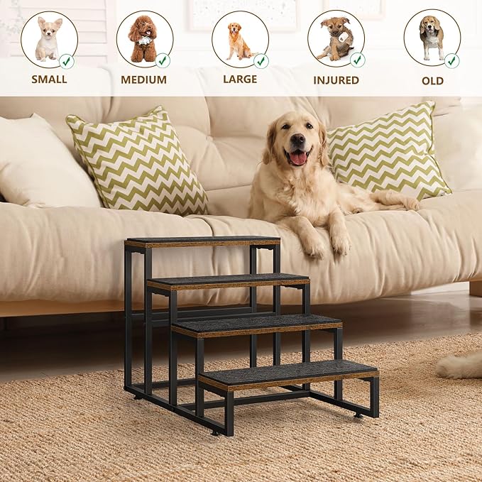 Dog Stairs for Small Dogs, 4 Steps Pet Stairs for High Bed and Couch Sofa, Non-Slip Dog Stairs for Small Dogs, Older or Injured Pet, Industrial Brown